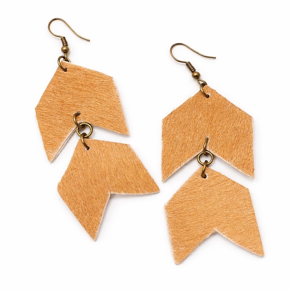 Stylish Tan Leather Chevron Earrings